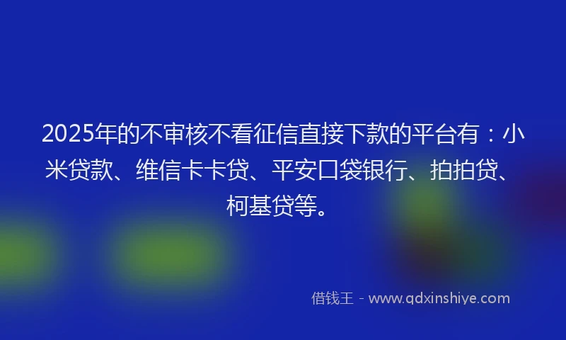 2025年的不审核不看征信直接下款的平台有：小米贷款、维信卡卡贷、平安口袋银行、拍拍贷、柯基贷等。