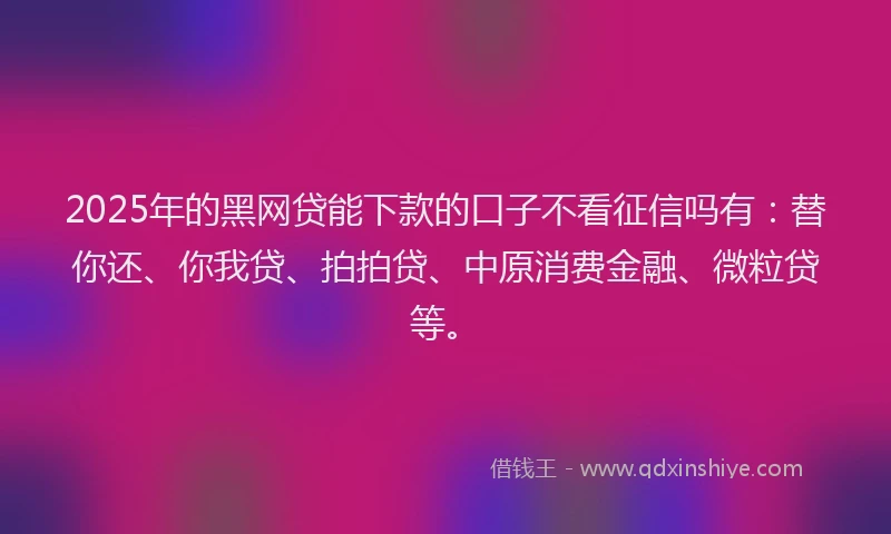 2025年的黑网贷能下款的口子不看征信吗有：替你还、你我贷、拍拍贷、中原消费金融、微粒贷等。