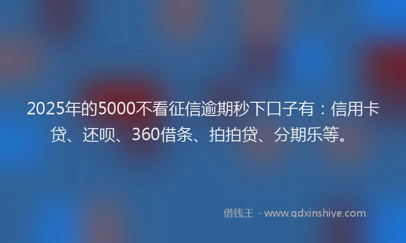 2025年的5000不看征信逾期秒下口子有：信用卡贷、还呗、360借条、拍拍贷、分期乐等。