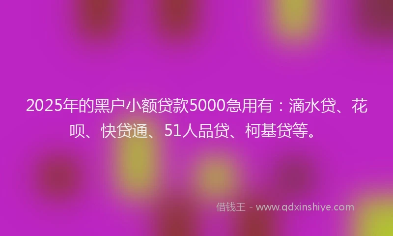 2025年的黑户小额贷款5000急用有：滴水贷、花呗、快贷通、51人品贷、柯基贷等。