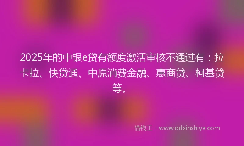 2025年的中银e贷有额度激活审核不通过有：拉卡拉、快贷通、中原消费金融、惠商贷、柯基贷等。