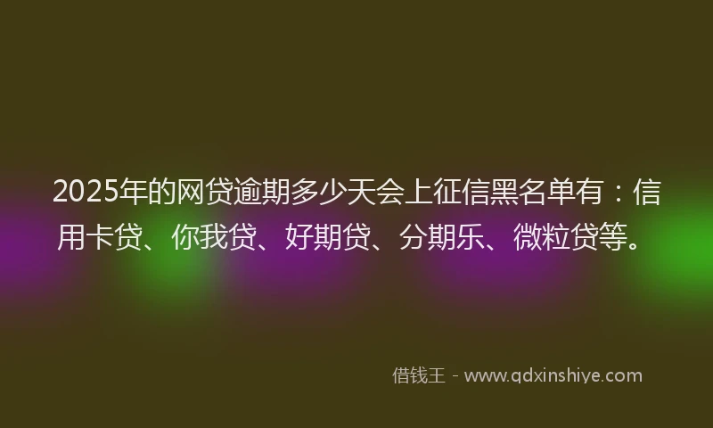 2025年的网贷逾期多少天会上征信黑名单有：信用卡贷、你我贷、好期贷、分期乐、微粒贷等。