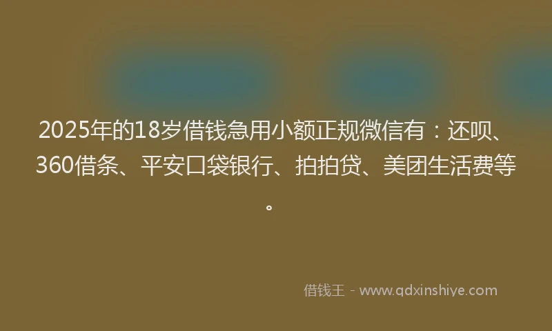 2025年的18岁借钱急用小额正规微信有：还呗、360借条、平安口袋银行、拍拍贷、美团生活费等。