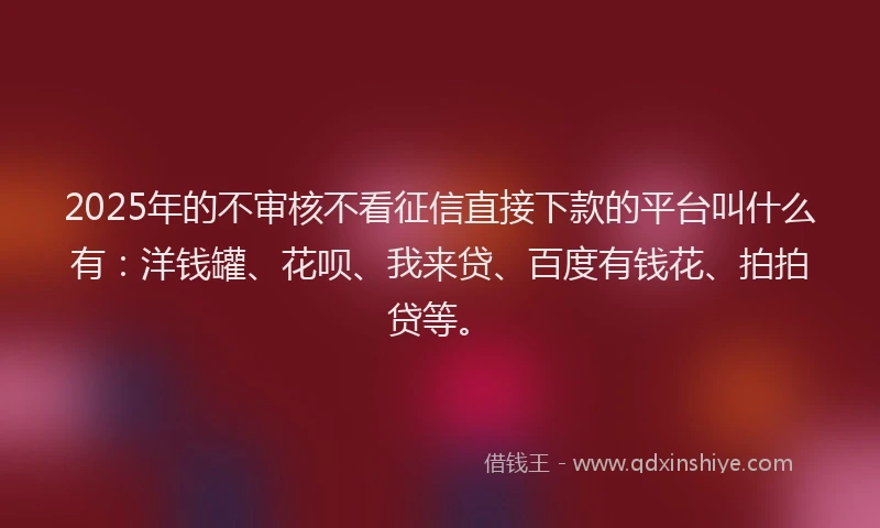 2025年的不审核不看征信直接下款的平台叫什么有：洋钱罐、花呗、我来贷、百度有钱花、拍拍贷等。