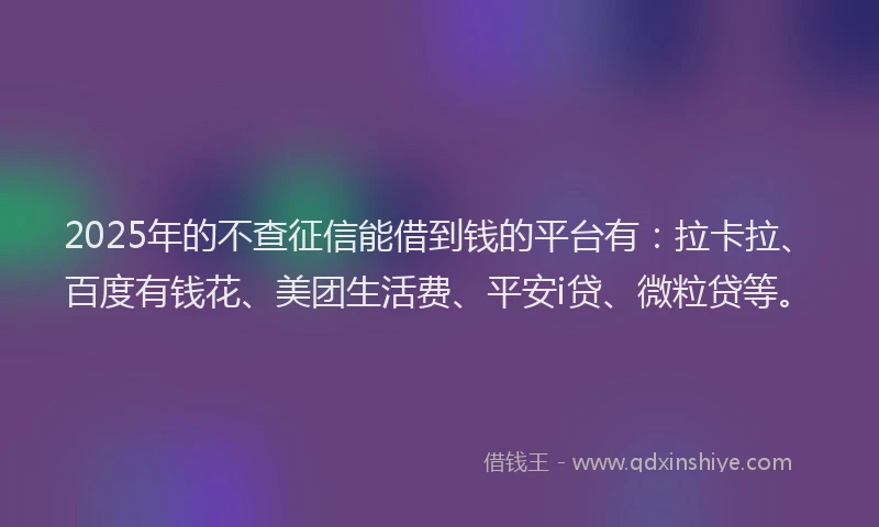 2025年的不查征信能借到钱的平台有：拉卡拉、百度有钱花、美团生活费、平安i贷、微粒贷等。