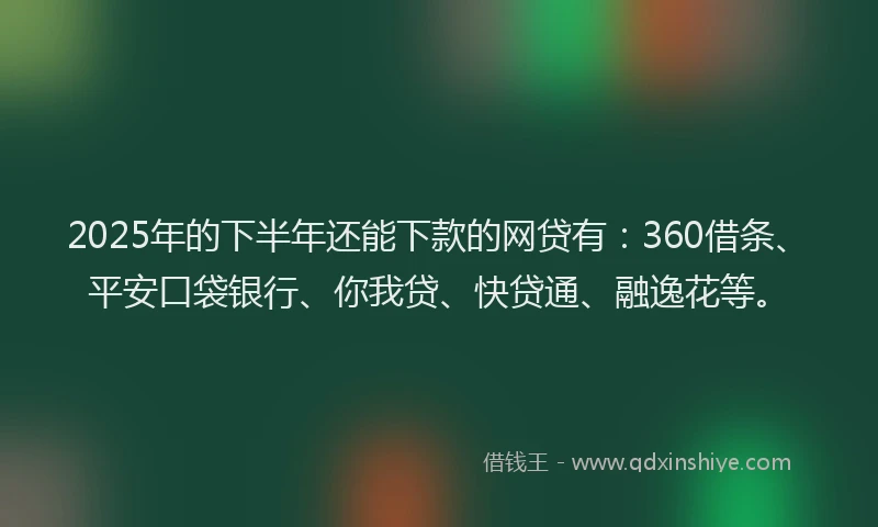 2025年的下半年还能下款的网贷有：360借条、平安口袋银行、你我贷、快贷通、融逸花等。