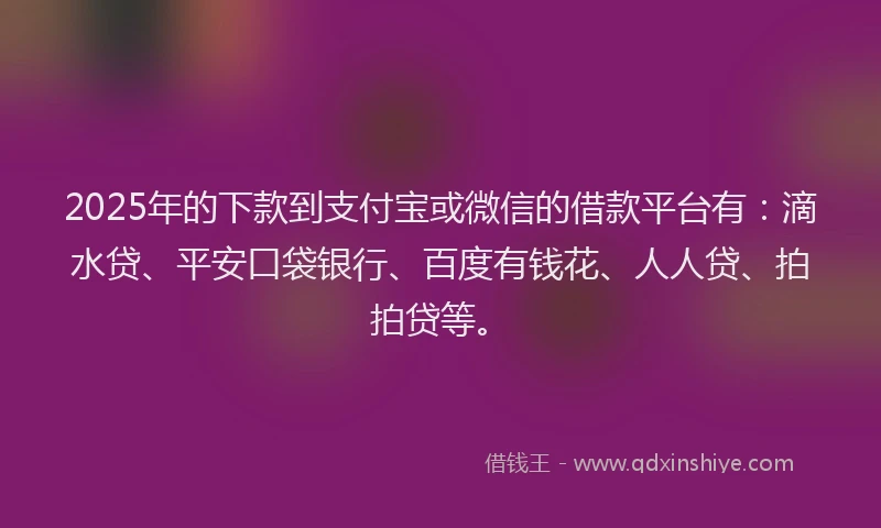 2025年的下款到支付宝或微信的借款平台有：滴水贷、平安口袋银行、百度有钱花、人人贷、拍拍贷等。