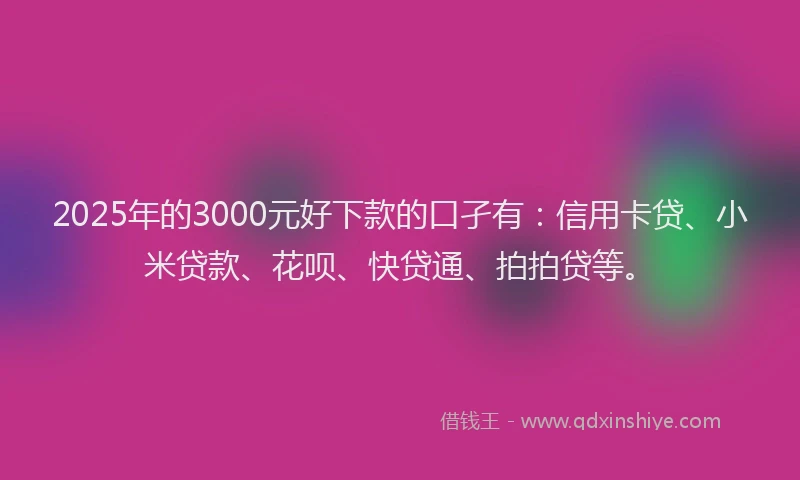 2025年的3000元好下款的口孑有：信用卡贷、小米贷款、花呗、快贷通、拍拍贷等。