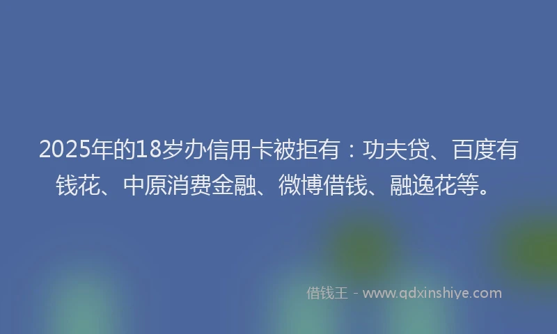 2025年的18岁办信用卡被拒有：功夫贷、百度有钱花、中原消费金融、微博借钱、融逸花等。