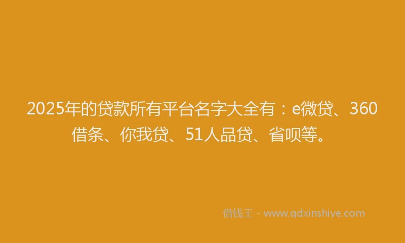 2025年的贷款所有平台名字大全有：e微贷、360借条、你我贷、51人品贷、省呗等。