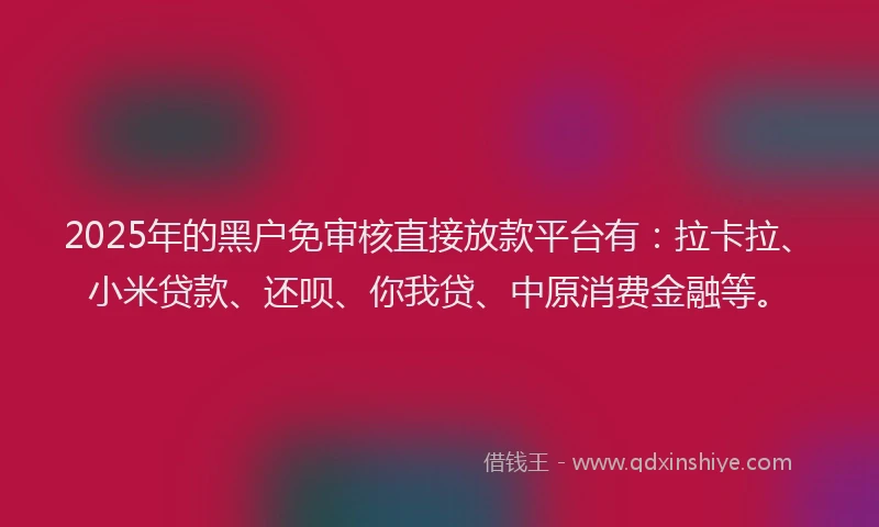 2025年的黑户免审核直接放款平台有：拉卡拉、小米贷款、还呗、你我贷、中原消费金融等。