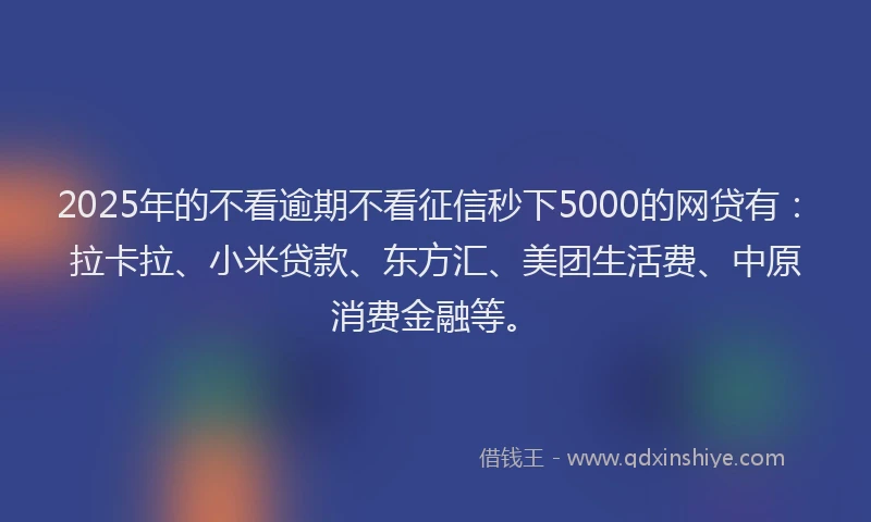 2025年的不看逾期不看征信秒下5000的网贷有：拉卡拉、小米贷款、东方汇、美团生活费、中原消费金融等。