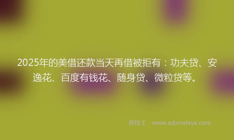 2025年的美借还款当天再借被拒有：功夫贷、安逸花、百度有钱花、随身贷、微粒贷等。