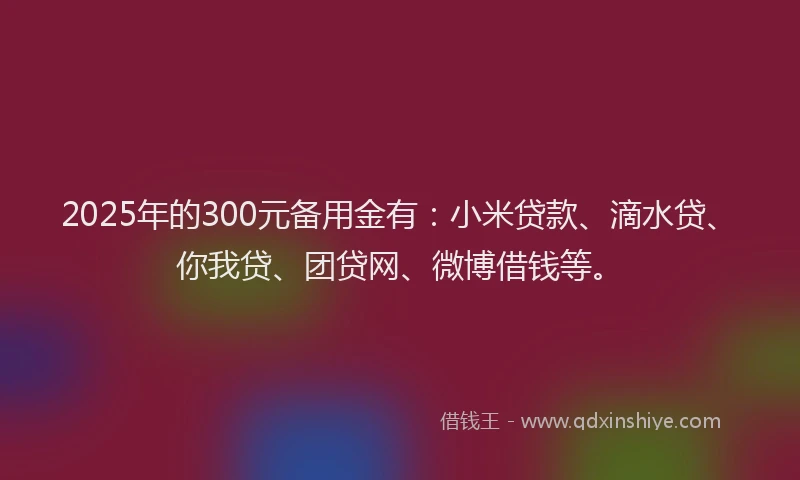 2025年的300元备用金有：小米贷款、滴水贷、你我贷、团贷网、微博借钱等。