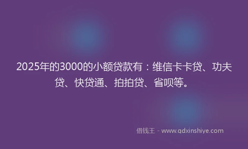 2025年的3000的小额贷款有：维信卡卡贷、功夫贷、快贷通、拍拍贷、省呗等。