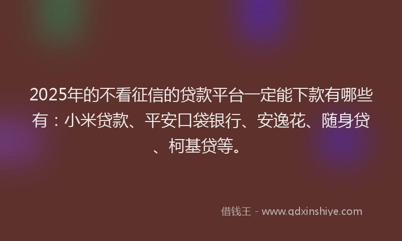 2025年的不看征信的贷款平台一定能下款有哪些有：小米贷款、平安口袋银行、安逸花、随身贷、柯基贷等。