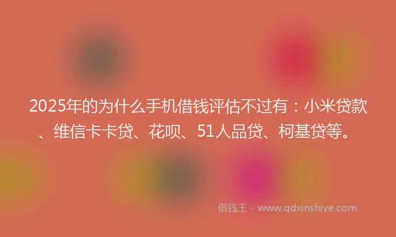 2025年的为什么手机借钱评估不过有：小米贷款、维信卡卡贷、花呗、51人品贷、柯基贷等。