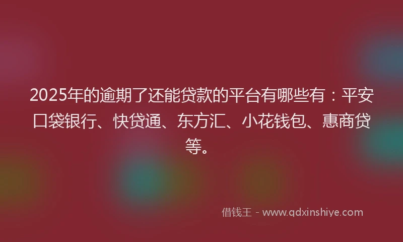2025年的逾期了还能贷款的平台有哪些有：平安口袋银行、快贷通、东方汇、小花钱包、惠商贷等。