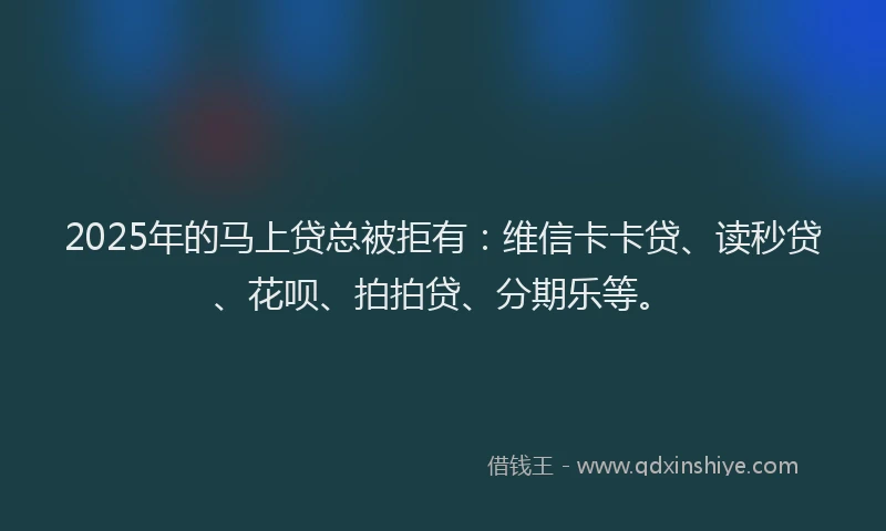 2025年的马上贷总被拒有：维信卡卡贷、读秒贷、花呗、拍拍贷、分期乐等。