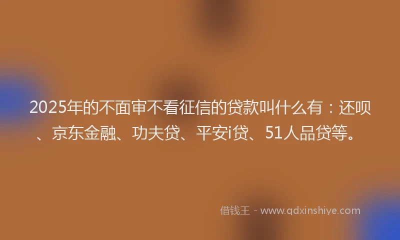 2025年的不面审不看征信的贷款叫什么有：还呗、京东金融、功夫贷、平安i贷、51人品贷等。