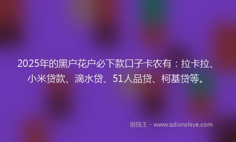 2025年的黑户花户必下款口子卡农有：拉卡拉、小米贷款、滴水贷、51人品贷、柯基贷等。