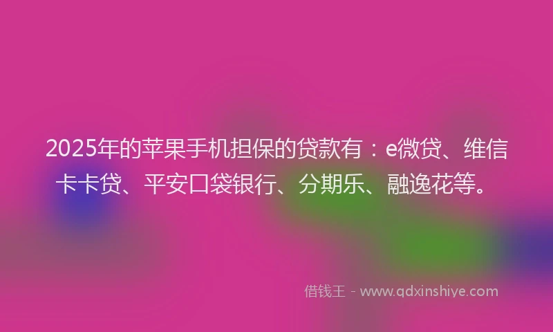 2025年的苹果手机担保的贷款有：e微贷、维信卡卡贷、平安口袋银行、分期乐、融逸花等。
