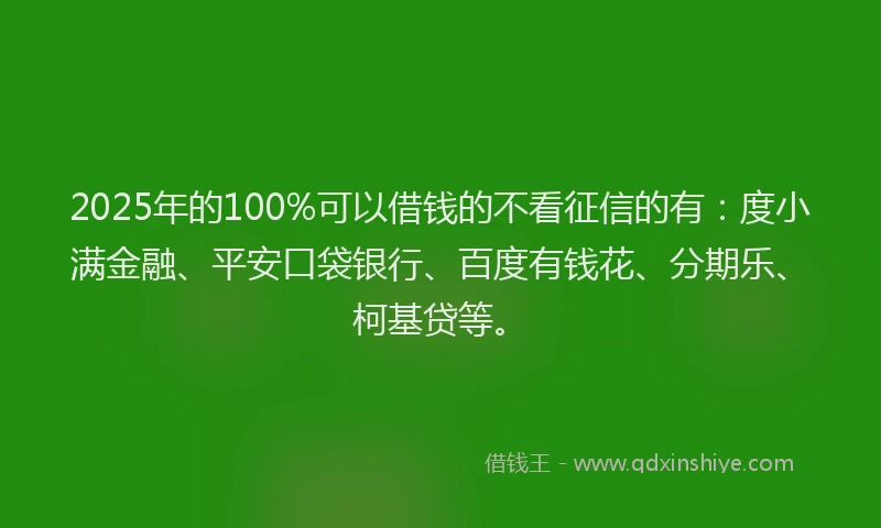 2025年的100%可以借钱的不看征信的有：度小满金融、平安口袋银行、百度有钱花、分期乐、柯基贷等。
