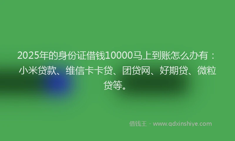 2025年的身份证借钱10000马上到账怎么办有：小米贷款、维信卡卡贷、团贷网、好期贷、微粒贷等。