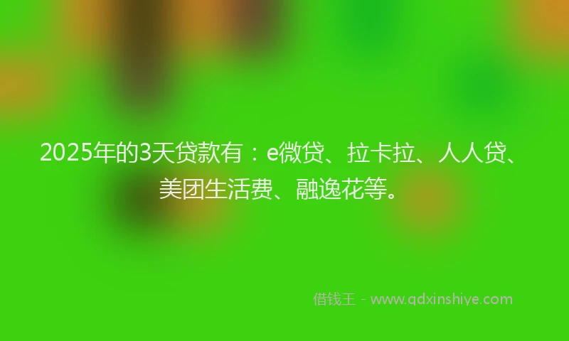 2025年的3天贷款有：e微贷、拉卡拉、人人贷、美团生活费、融逸花等。