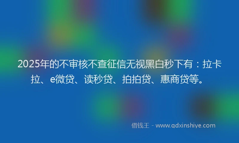 2025年的不审核不查征信无视黑白秒下有：拉卡拉、e微贷、读秒贷、拍拍贷、惠商贷等。