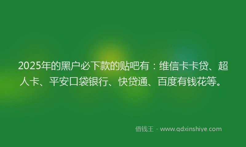 2025年的黑户必下款的贴吧有：维信卡卡贷、超人卡、平安口袋银行、快贷通、百度有钱花等。