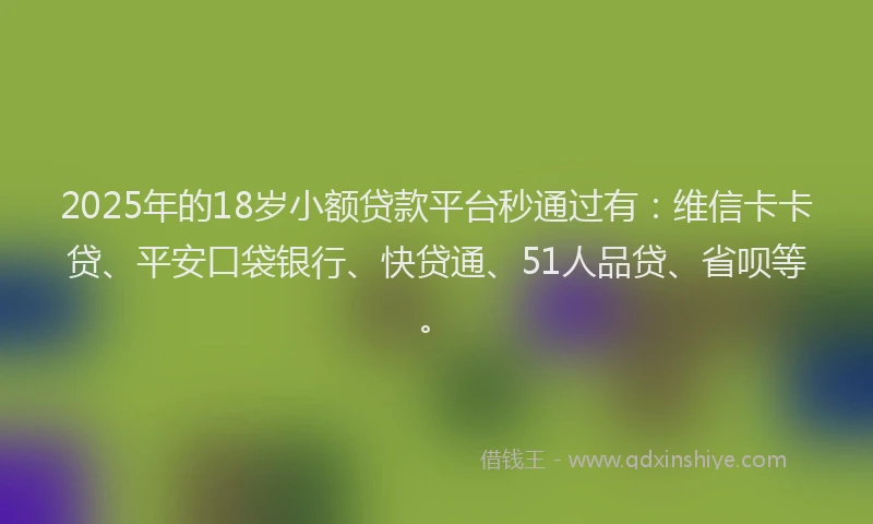 2025年的18岁小额贷款平台秒通过有：维信卡卡贷、平安口袋银行、快贷通、51人品贷、省呗等。