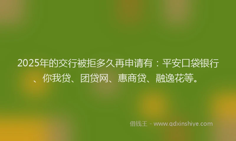 2025年的交行被拒多久再申请有：平安口袋银行、你我贷、团贷网、惠商贷、融逸花等。