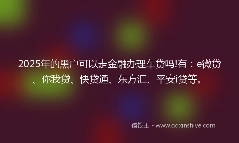 2025年的黑户可以走金融办理车贷吗!有：e微贷、你我贷、快贷通、东方汇、平安i贷等。