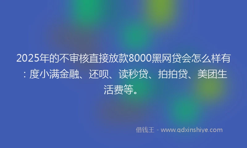 2025年的不审核直接放款8000黑网贷会怎么样有：度小满金融、还呗、读秒贷、拍拍贷、美团生活费等。