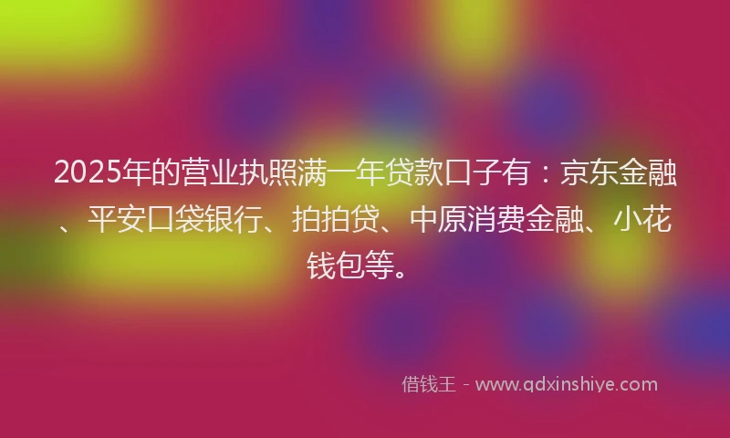 2025年的营业执照满一年贷款口子有：京东金融、平安口袋银行、拍拍贷、中原消费金融、小花钱包等。