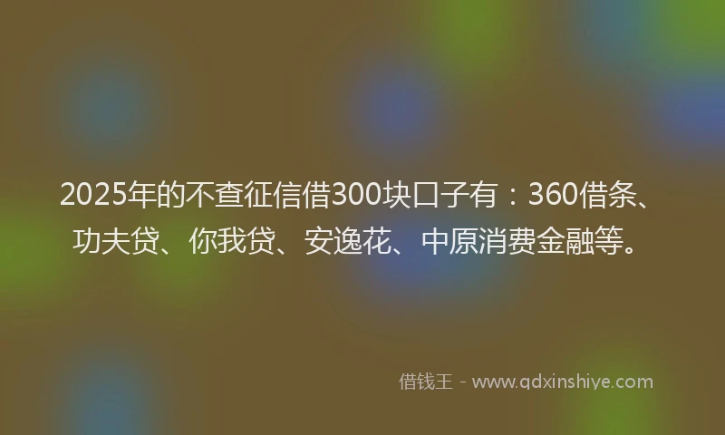 2025年的不查征信借300块口子有：360借条、功夫贷、你我贷、安逸花、中原消费金融等。