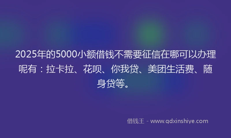 2025年的5000小额借钱不需要征信在哪可以办理呢有：拉卡拉、花呗、你我贷、美团生活费、随身贷等。