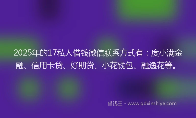 2025年的17私人借钱微信联系方式有：度小满金融、信用卡贷、好期贷、小花钱包、融逸花等。