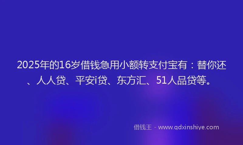 2025年的16岁借钱急用小额转支付宝有：替你还、人人贷、平安i贷、东方汇、51人品贷等。