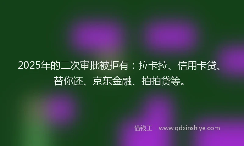 2025年的二次审批被拒有：拉卡拉、信用卡贷、替你还、京东金融、拍拍贷等。