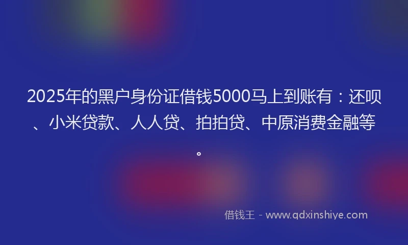2025年的黑户身份证借钱5000马上到账有：还呗、小米贷款、人人贷、拍拍贷、中原消费金融等。