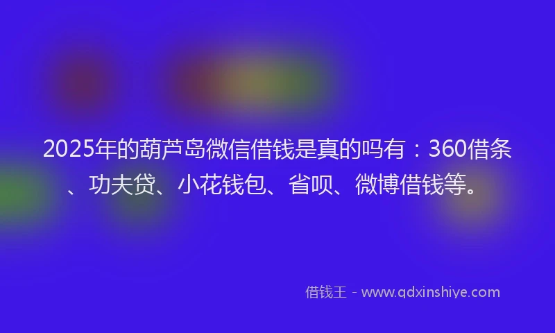 2025年的葫芦岛微信借钱是真的吗有：360借条、功夫贷、小花钱包、省呗、微博借钱等。