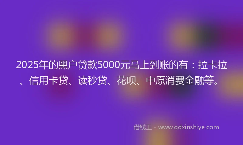 2025年的黑户贷款5000元马上到账的有：拉卡拉、信用卡贷、读秒贷、花呗、中原消费金融等。