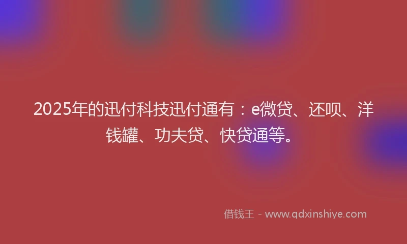 2025年的迅付科技迅付通有：e微贷、还呗、洋钱罐、功夫贷、快贷通等。