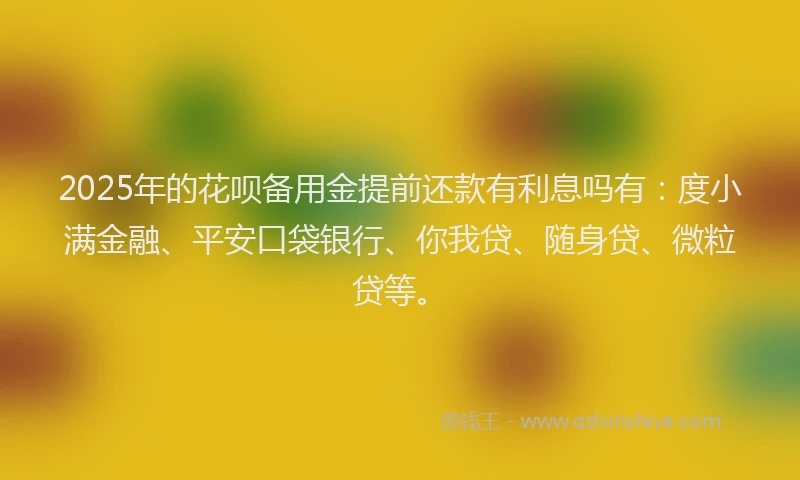 2025年的花呗备用金提前还款有利息吗有：度小满金融、平安口袋银行、你我贷、随身贷、微粒贷等。