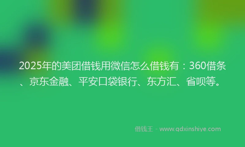 2025年的美团借钱用微信怎么借钱有：360借条、京东金融、平安口袋银行、东方汇、省呗等。