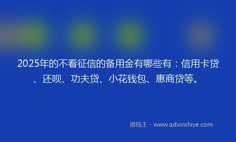 2025年的不看征信的备用金有哪些有：信用卡贷、还呗、功夫贷、小花钱包、惠商贷等。