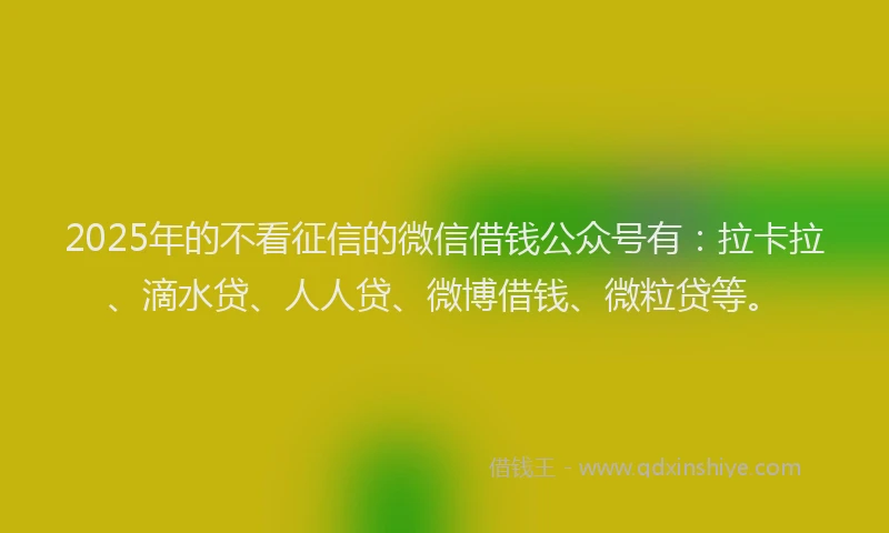 2025年的不看征信的微信借钱公众号有：拉卡拉、滴水贷、人人贷、微博借钱、微粒贷等。