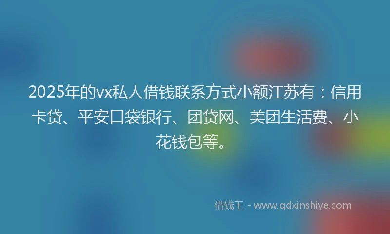2025年的vx私人借钱联系方式小额江苏有：信用卡贷、平安口袋银行、团贷网、美团生活费、小花钱包等。